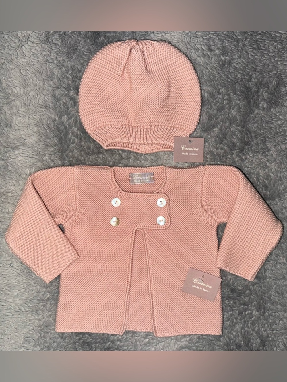 CARMINA BABY KNIT CARDIGAN AND HAT SET IN ANEMONE PINK
